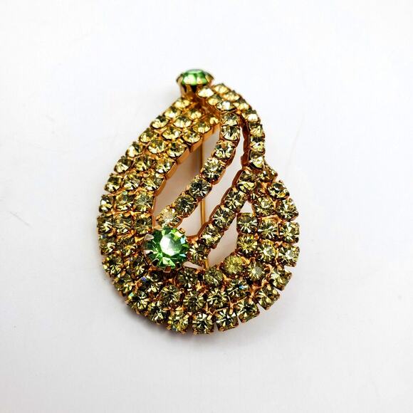 Citrine Green Rhinestone Brooch Clip Earrings Teardrop Pin Vintage 60s Gold Tone - Picture 7 of 8